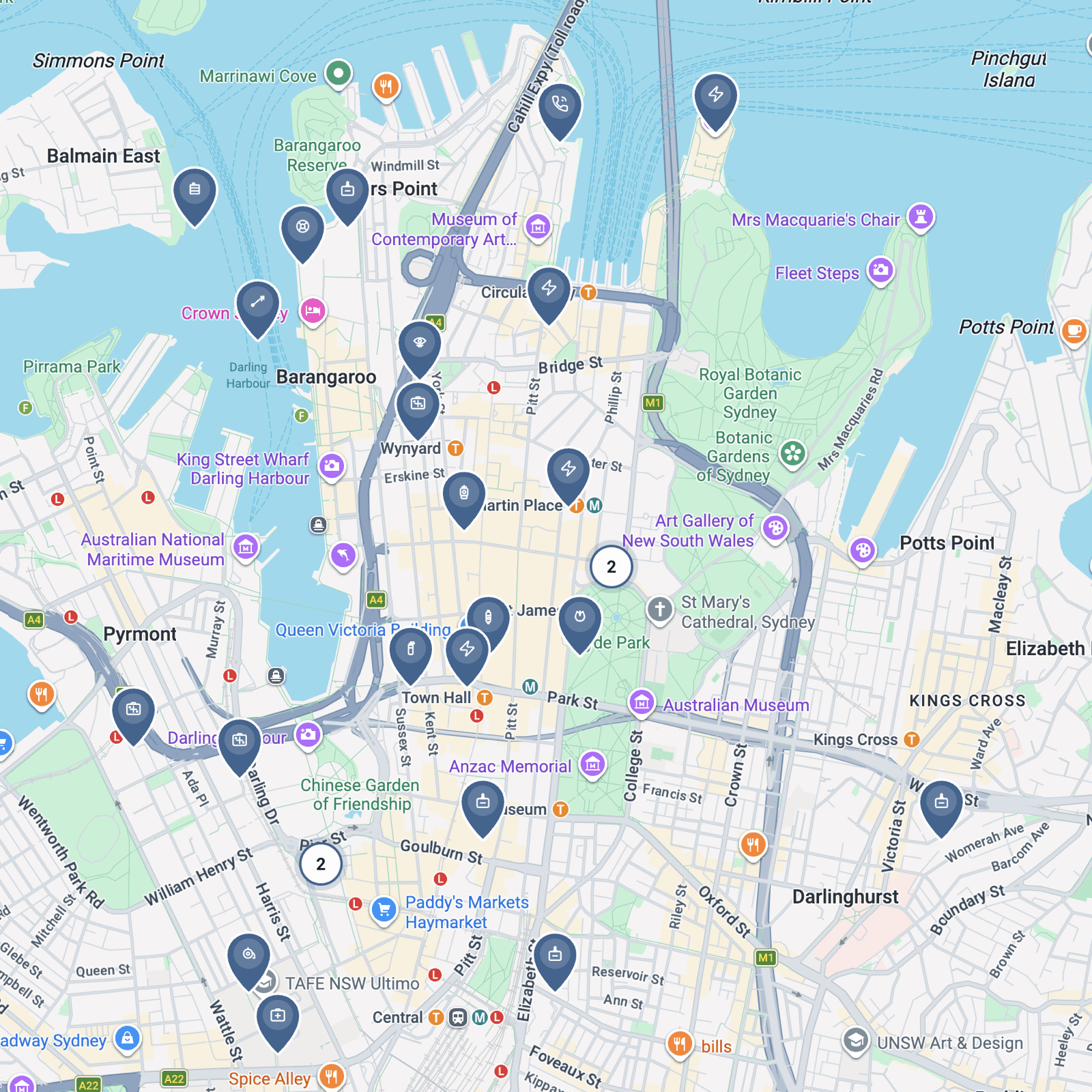 Public map of central Sydney with safety resource pins